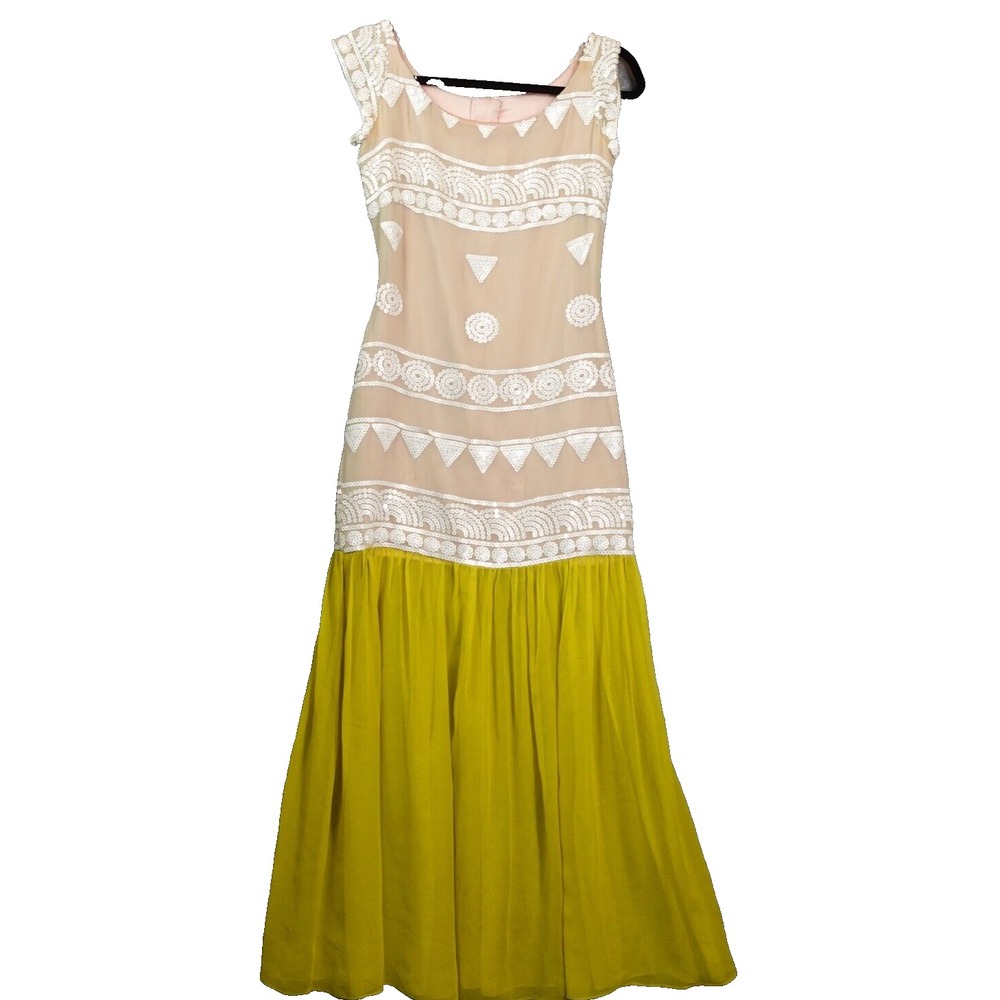 Y2K Boho Fairycore Waist Drop Maxi Sequin Dress XS Tan Avocado Silk Cocktail
